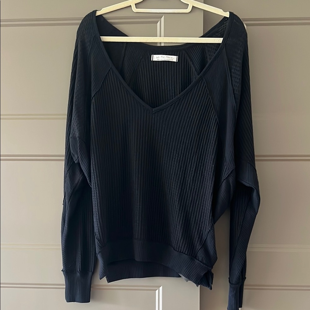 We The Free Black Ribbed V-Neck Sweater